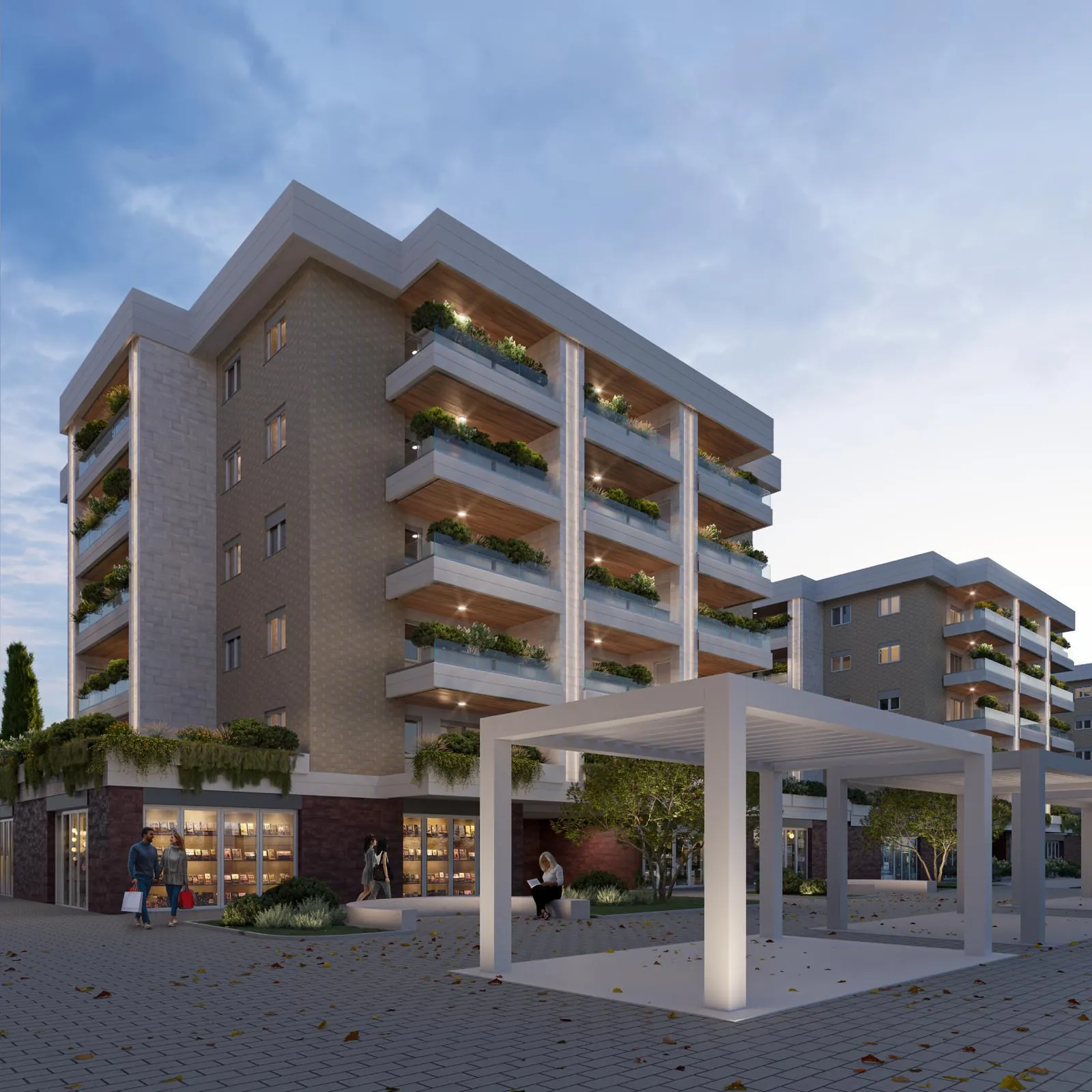 Un edificio di Urban District con la pensilina e i negozi al piano terra