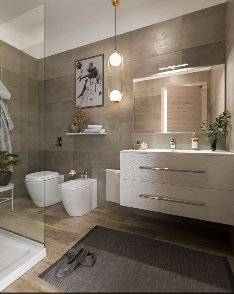 Bagno con doccia, mobile sospeso e lampada a sospensione