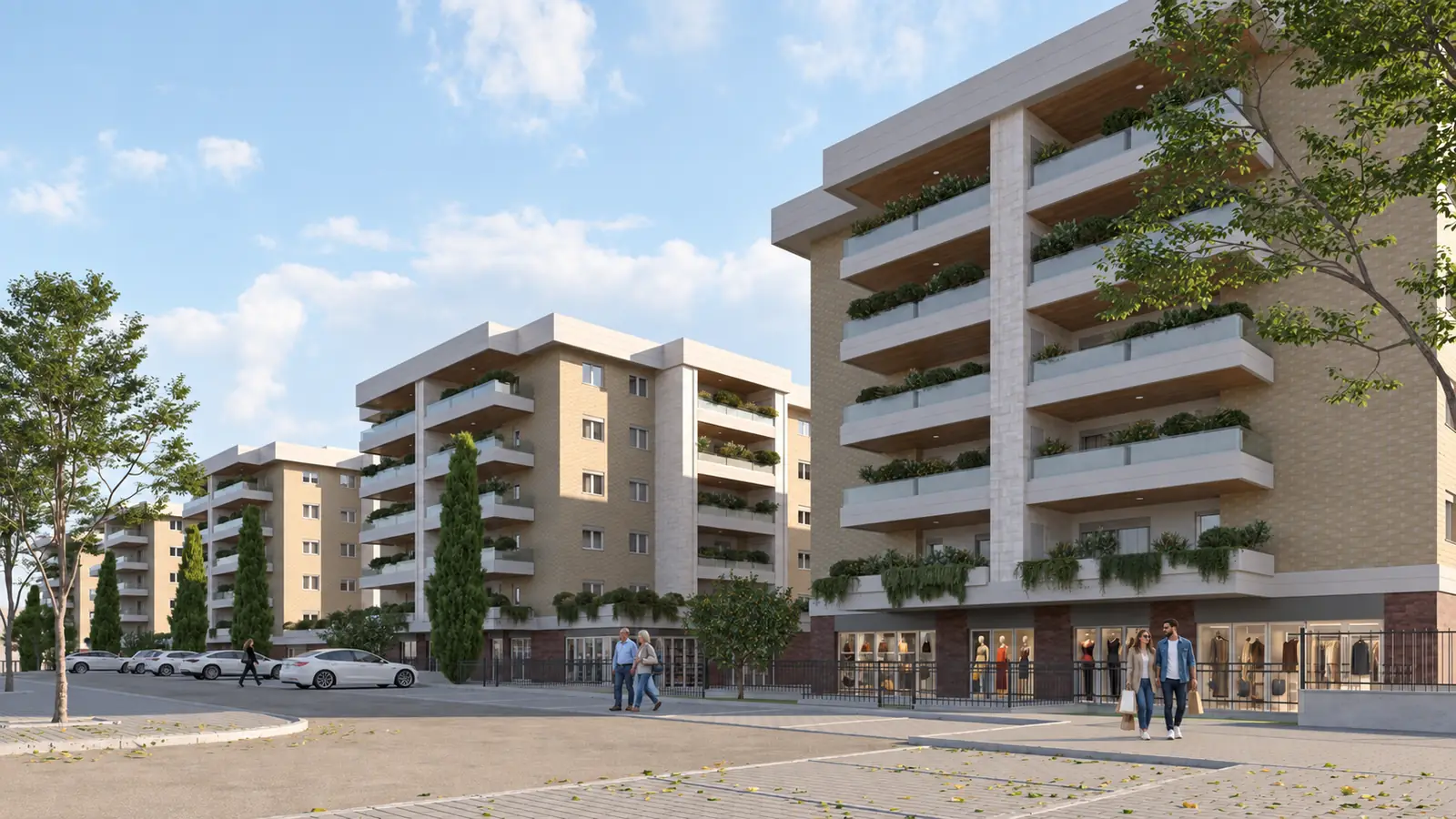 Il boulevard commerciale con i negozi al piano terra degli edifici