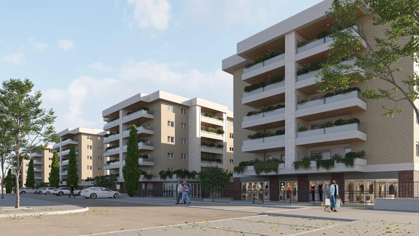 Il boulevard commerciale con i negozi al piano terra degli edifici