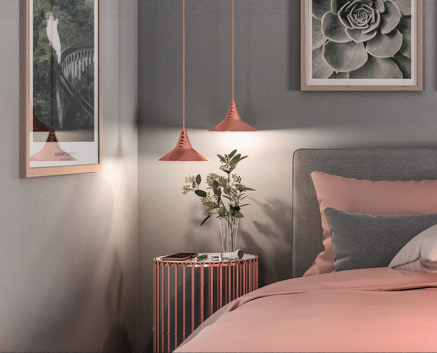 Camera da letto con lenzuola rosa, lampade a sospensione e quadri alle pareti