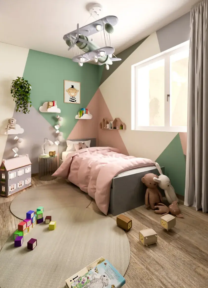 Cameretta per bambini con pareti colorate e giochi sul tappeto