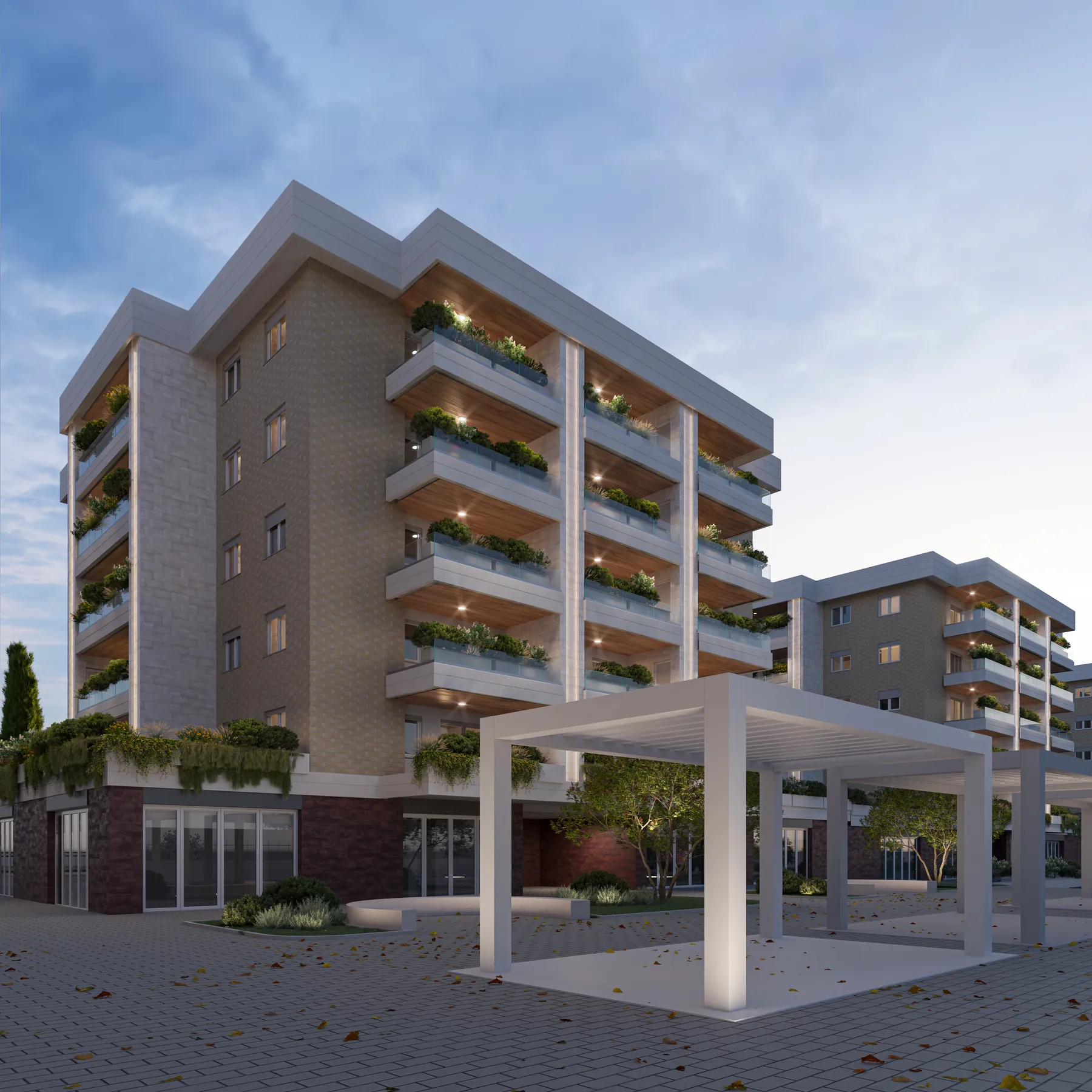 Un edificio di Urban District visto dal basso, con la pensilina bianca e i negozi al piano terra