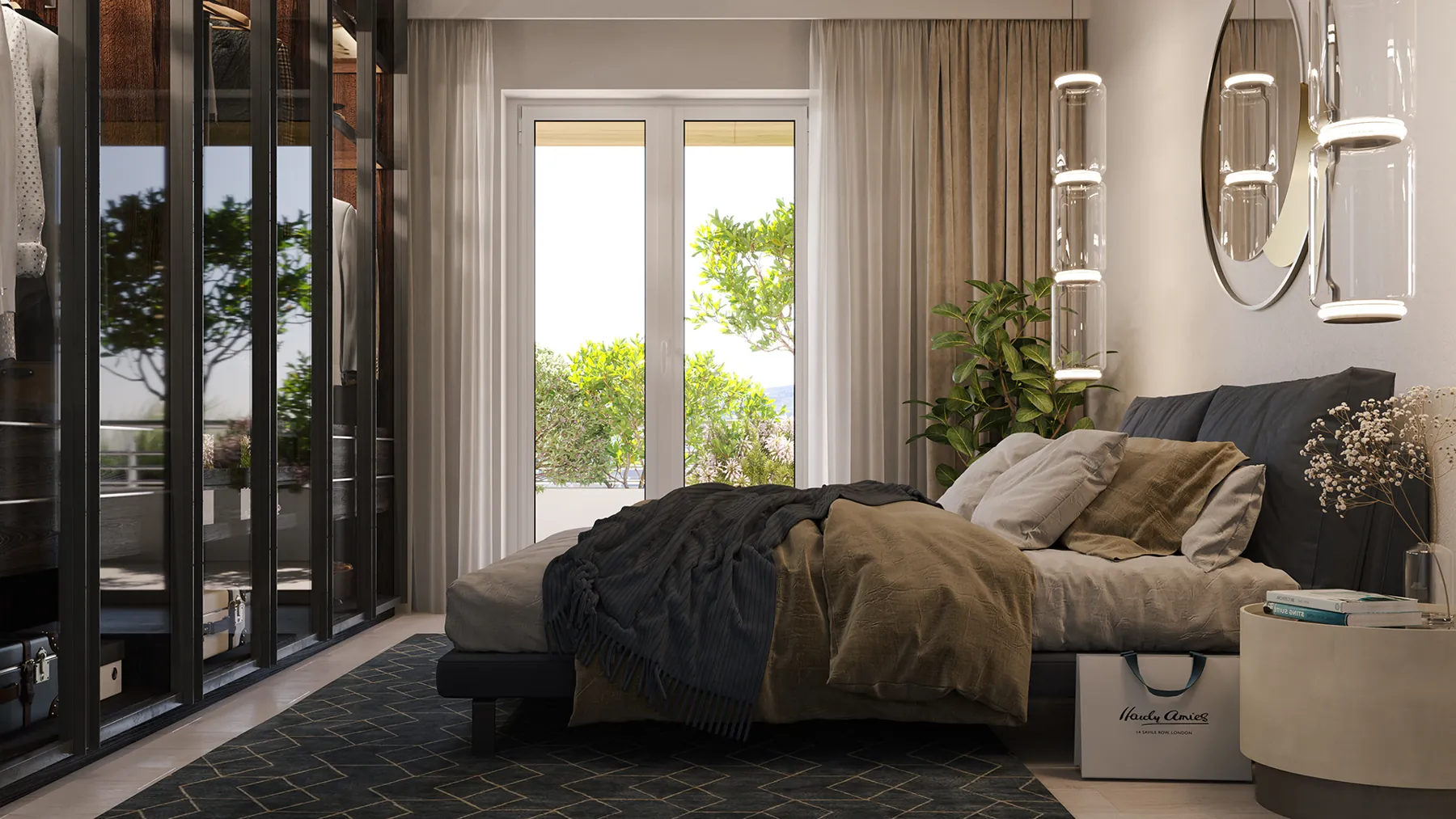 Camera da letto con grande finestra sul verde