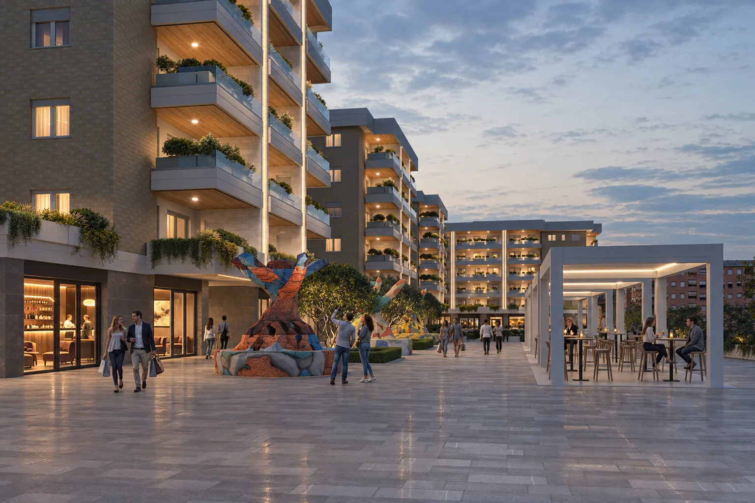 La piazza di Città Verde al tramonto, con la scultura, i tavolini all’aperto e i negozi