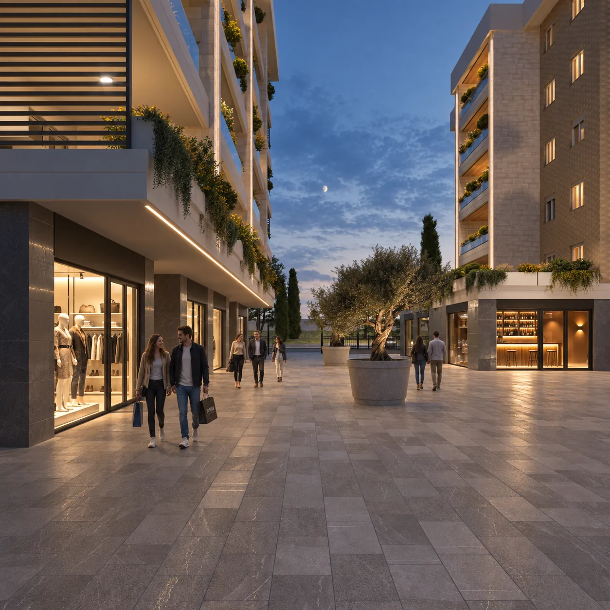 La via commerciale di Città Verde al tramonto, con le vetrine dei negozi illuminate e le persone che passeggiano