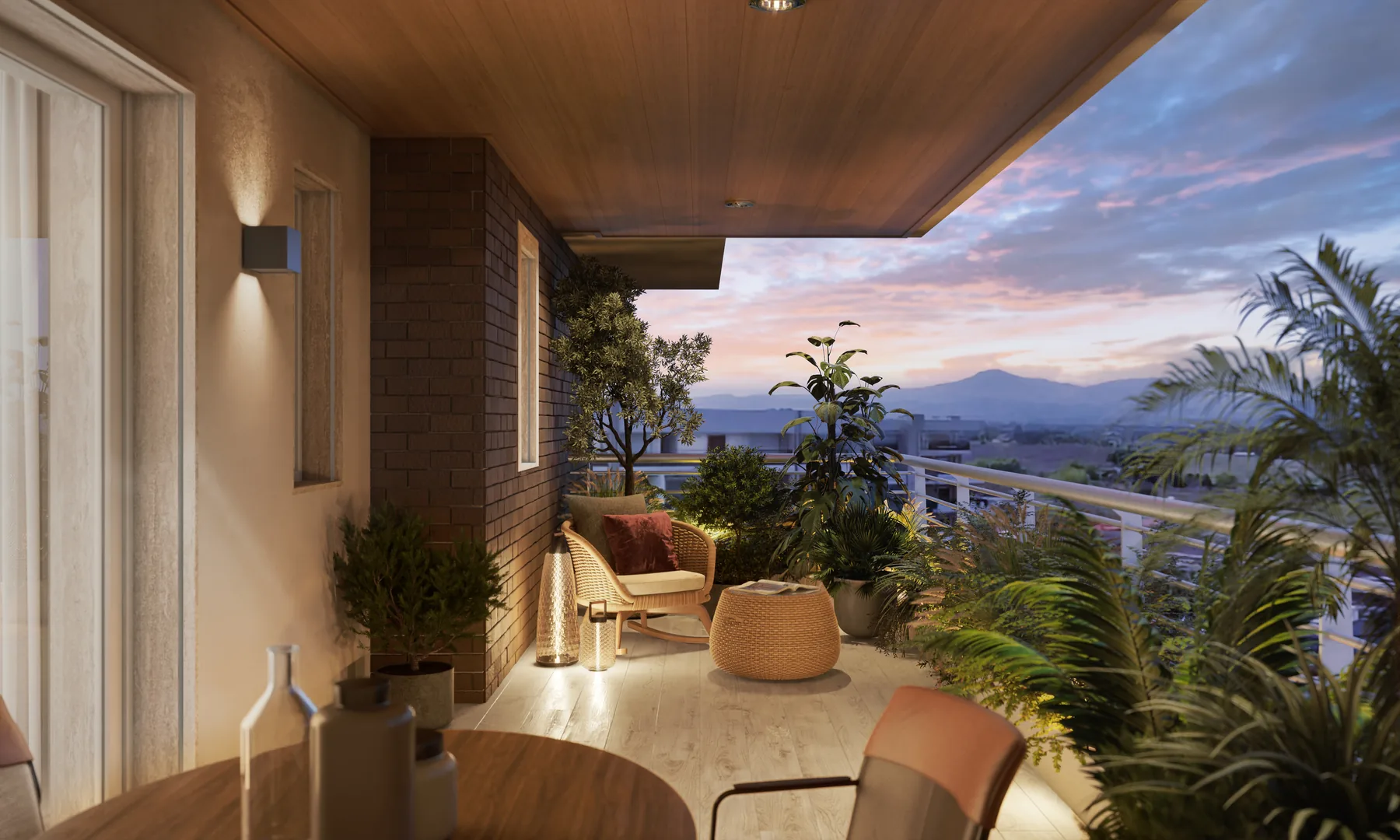 Terrazza coperta arredata al tramonto, con piante e vista sulle colline
